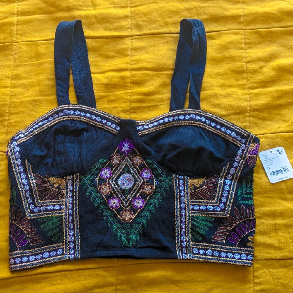 Free People Bohemian Cropped Black Tank Top, Size Medium with Embroidery Detail